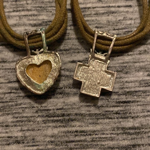 Vintage Faux-Turquoise Heart Cross Brown Cord Necklace and Earrings Sets - Picture 9 of 13